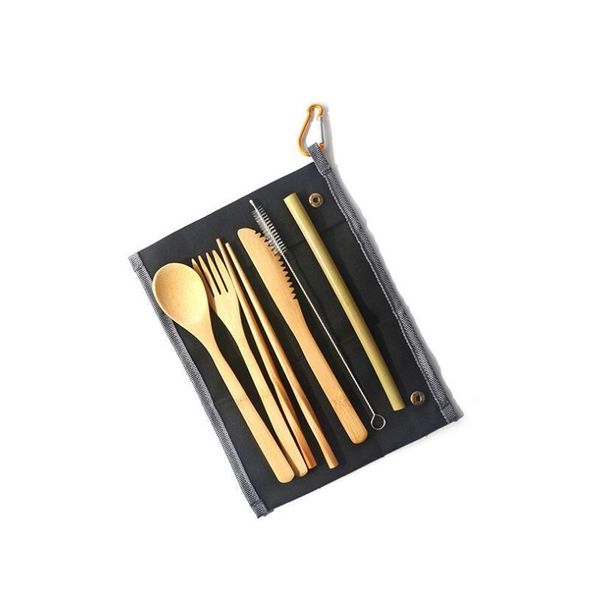 

7pcs/set portable cutlery set with bag outdoor travel bamboo flatware set knife chopsticks fork spoon dinnerware sets jllghu ladyshome