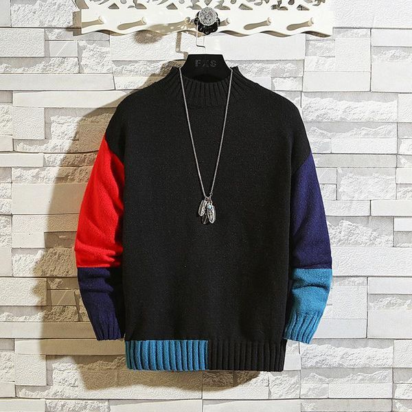

korean long sleeve sweater, knitted high neck, men's round neck sweater, large size 5xl, 6xl, 7xl, autumn and winter series 20211, White;black
