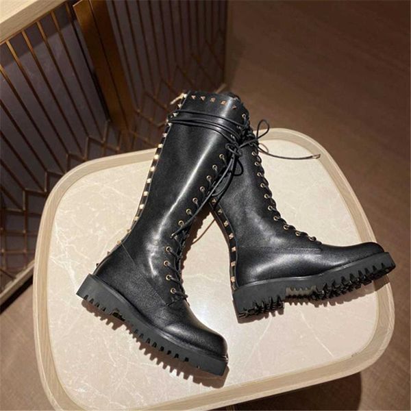 

rivet shoes porou szipper boots lace knee boots genuine leather fashion shoes round toe warm winter, Black