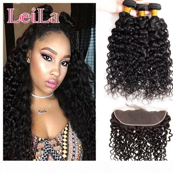 

indian virgin human hair 8a water wave bundles with lace frontal pre plucked baby hair wet and wavy 8-30inch indian natural color weaves, Black;brown