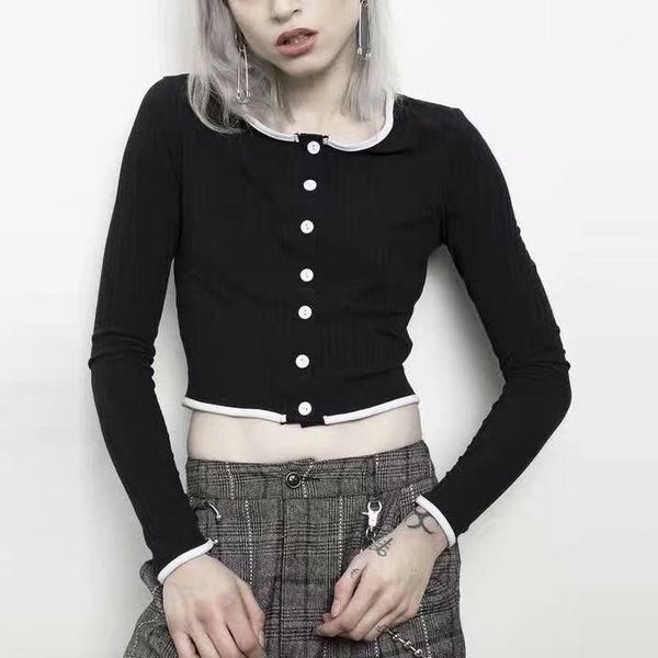 

korean style women o-neck front single breasted button long sleeve knitted open stitch 2 colors women cotton slim crop cardigans1, White