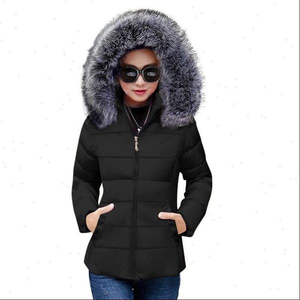 

big fur winter female jacket 2021 fashion short coat winter warm woman parka hooded winter jacket women down cotton female coat, Black