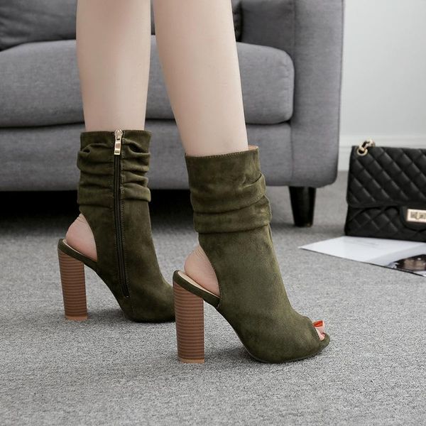 

2020 new woman fashion army green yellow brown suede cuts out peep toe square heels lace up tassel fringe sandals shoes, Black