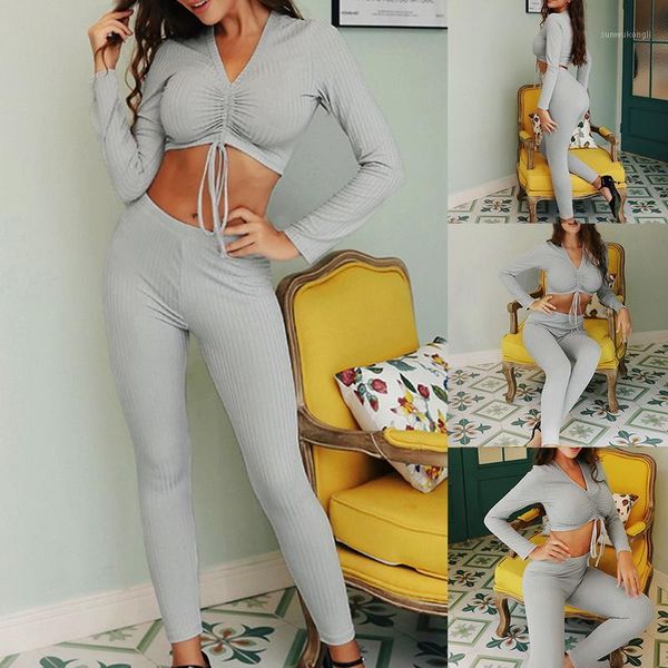 

yoga outfits women sports leggings set two piece solid color long sleeve high waist drawstring outfit pit slim streetwear1, White;red