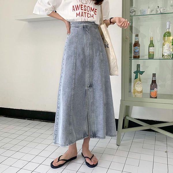 

2 colors denim skirt women 2020 korean style vintage long jeans skirt side split high waist a line skirts long for womens(783751, Black