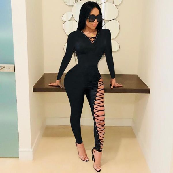 

bkld women clothes 2020 autumn new rompers jumpsuit women long sleeve v-neck bandage hollow out bodycon black jumpsuits, Black;white