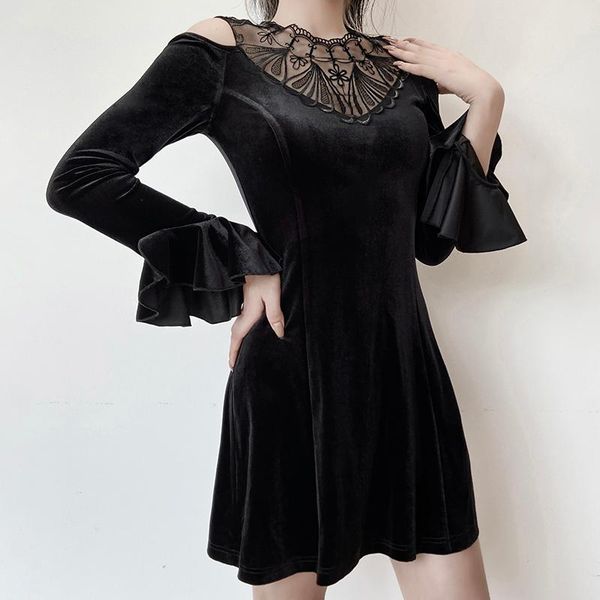 

aiiou autumn winter long sleeve womens vintage lace black dress casual elegant high waist mini dress fall clothes streetwear, Black;gray