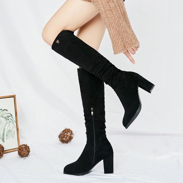 

boots plus size 9 10 11 12 women woman winter shoes botas side zipper fold thick heel round head, Black