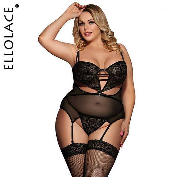 

ellolace plus size bodysuit women hollow out see through body female overalls sleveless push up bodysuits teddy body suit1, Black;white