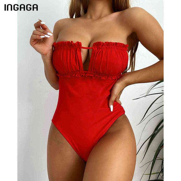 

swimsuit ingaga cut out one piece swimsuits ruched swimwear women high cut bodysuits off shoulder swimming suits new red backless bathers, White;black