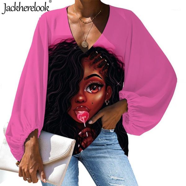 

jackherelook 2020 women blouse summer/spring long sleeve shirts black art african girl printing loose female tee clothing1, White