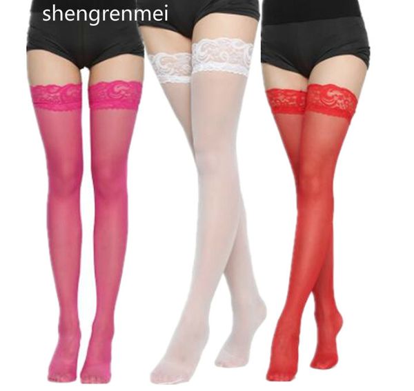 

shengrenmei latest non slip women lingerie lady elastic lace tights female sheer thigh high stockings white red, Red;black