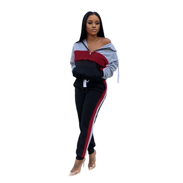 

women panelled sport clothing suit zipper lapel neck long sleeve pullover hoodies casual trousers famale two piece pants, White