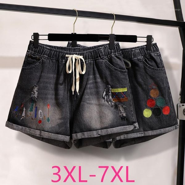 

2020 new spring summer plus size denim shorts for women large loose casual elastic waist hole shorts black belt 4xl 5xl 6xl 7xl1, White;black