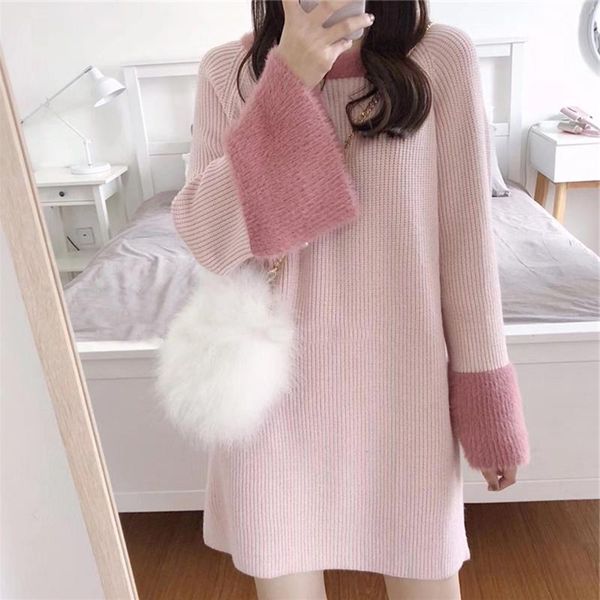 

sweet knitted sweater women o-neck flare sleeve pullover long style loose sweater autumn winter fashion thick patchwork, White;black