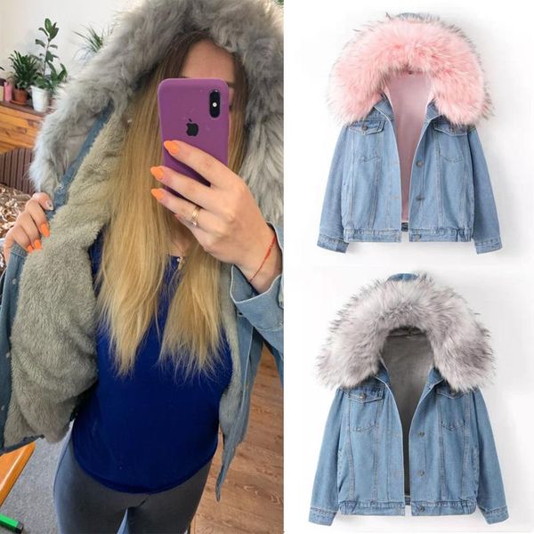 

2021 fashion elexs velvet thick denim jacket female winter big fur collar korean locomotive lamb coat female student short coat, Black;brown