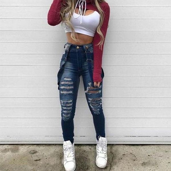 

milan runway 2020 new womens high waisted skinny ripped denim pants luxury luxury high street designer wome clothes women denim jeans, Blue