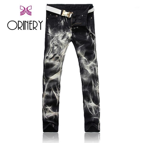 

orinery 2020 new designer wolf printed jeans men black biker jeans straight denim pants brand clothing trousers1, Blue