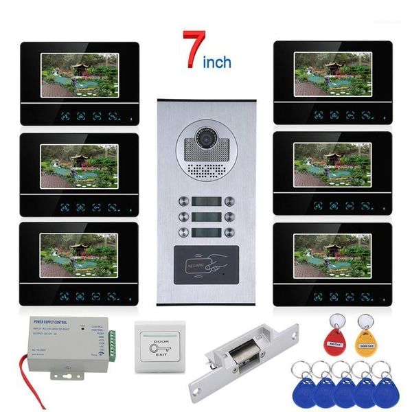 

7 inch touch button 6 apartment video door phone intercom system rfid 1000tvl doorbell camera +no electric strike door lock1