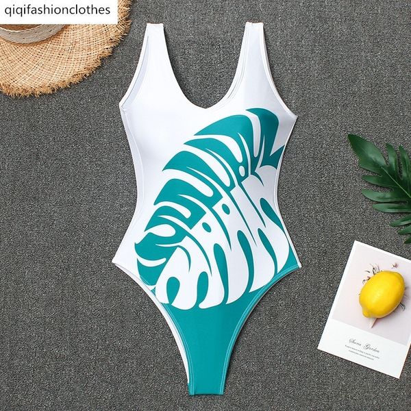 

2019 one piece swimsuit with leaf pattern, White;black