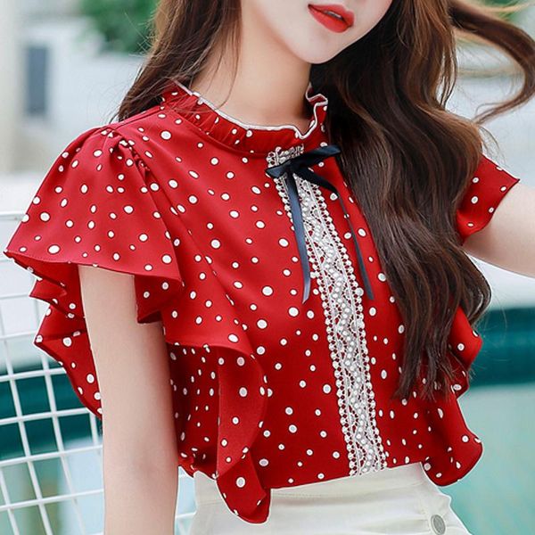 

women blouses blusas mujer de moda 2021 blouse women short sleeve shirts ruffles dot chiffon blouse shirt d331, White