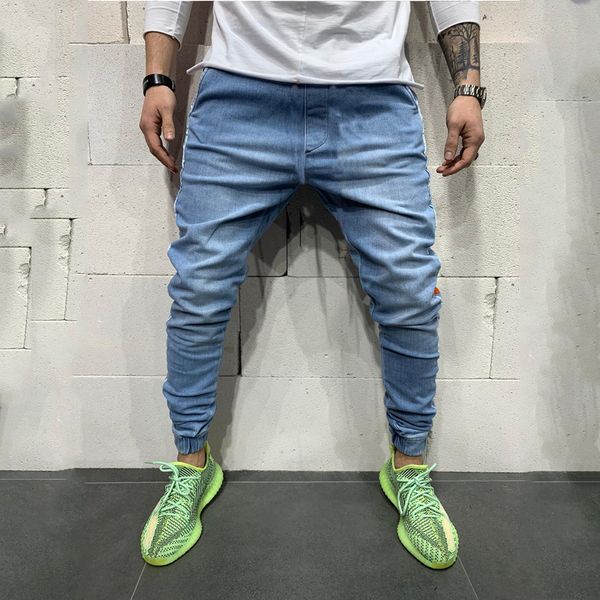 

e-baihui 2021 fashion trend european and american men's slim fitting ribbon decoration casual pure color simple jeans men's k059, Blue