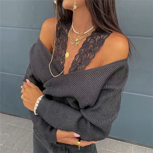 

2021 new autumn sweater solid color lace sling strapless long sleeve women's v neck loose off shoulder blouse casual pullover 1die, White;black