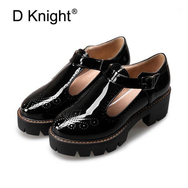 

dress shoes t-starp women oxfords platform casual brogue woman vintage creepers square high heels patent leather pumps d441, Black