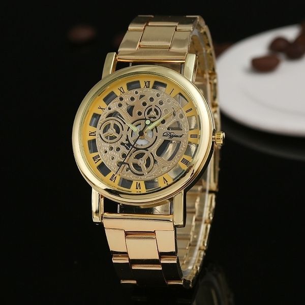 

factory sale mechanical imitation of clock, men's gold quartz alloy bone watch, promotion, Slivery;brown