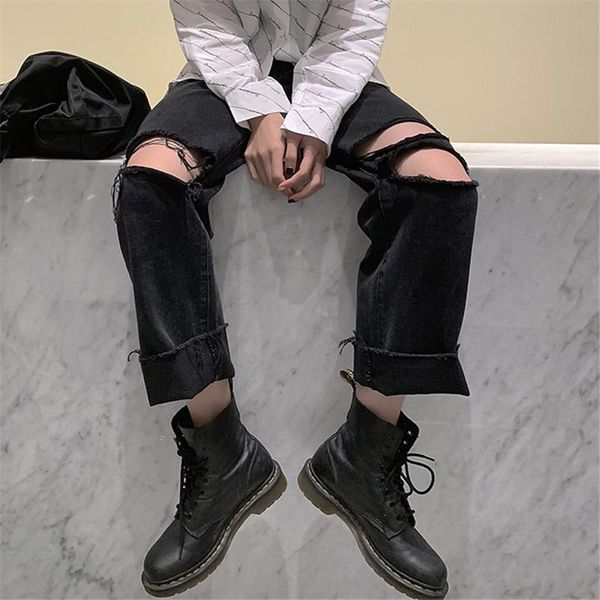 

streetwear мода holes черные джинсы мужчины повседневная wide leg denim jeans hip hop harajuku свободные брюки человек плюс размер багги, Blue