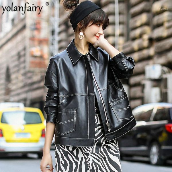 

genuine leather jacket women spring autumn coats and jackets women elegant sheepskin coat casual slim cuero genuino lh-87181, Black