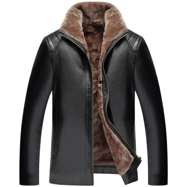 

new style middle-aged leather coat men's fur men's leather coat stand collar brushed and thick jacket pu1, Black