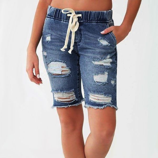 

summer denim shorts five points jeans shorts female elastic waist plus size fashion casual loose hole denim with pockets, Blue
