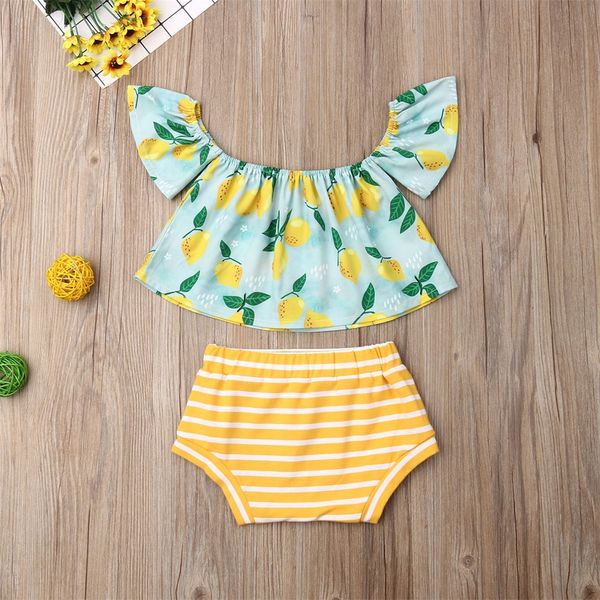 1-6Y Yaz Toddler Çocuklar Bebek Kız Giysileri Setleri Limon Baskı Kapalı Omuz Üst Şort Pantolon Kıyafet Seti