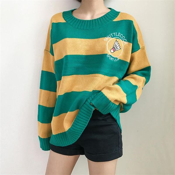 

women's sweaters womens korean harajuku ulzzang striped cartoon racket loose sweater pullover female punk clothing for women, White;black