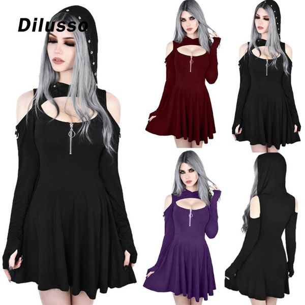 

women's fashion gothic pure color dresses hooded low cut cold shoulder zippe mini dress solid chic ladies party halloween dress, Black;gray