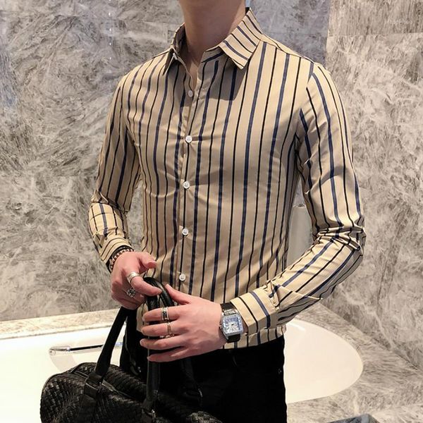 

british style striped men shirt luxury golden long sleeve slim fit casual dress shirts streetwear social blouse homme camisa1, White;black
