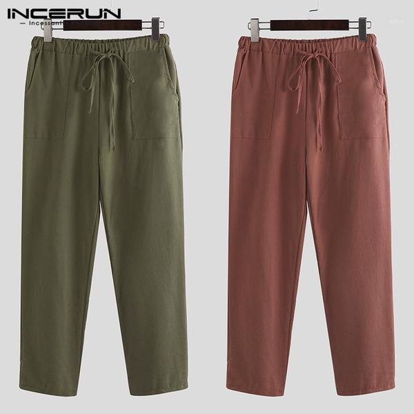 

incerun fashion harajuku men solid casual pants comfort joker straight leg trousers cotton linen mens stretch waist sweatpants1, Black
