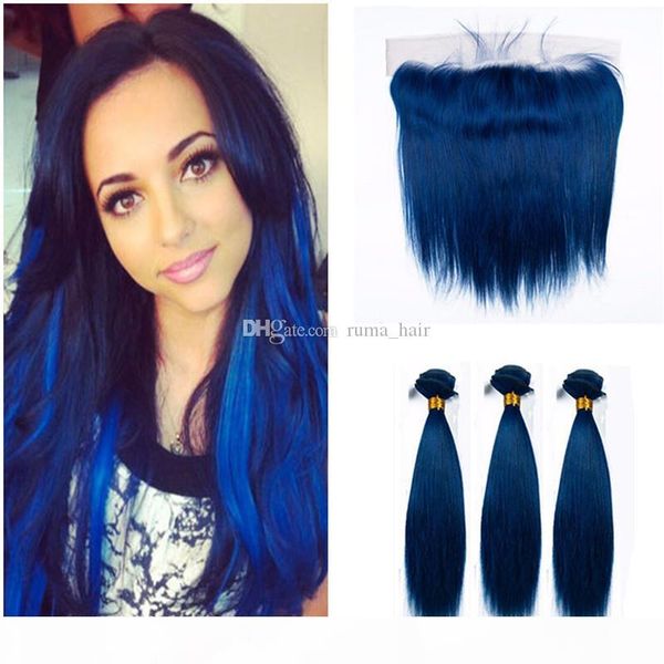 

blue human hair with frontal silk straight lace frontal with bundles 3pcs with 13*4 lace frontal 1pc brazilian virgin hair extension, Black;brown