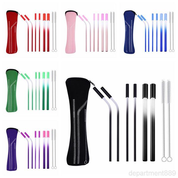 

a-straw cutlery stainless steel portable tableware reusable gradient with silica gel head drinking straws brush bags sets owb2177