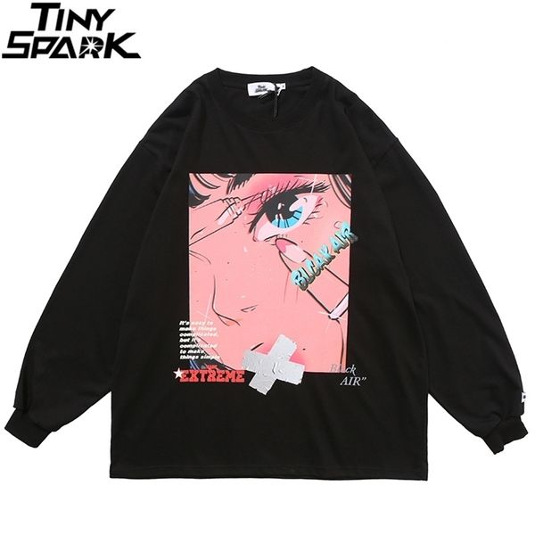 

men hip hop oversized t shirt long sleeve streetwear japanese anime girl tshirt harajuku cartoon tees cotton loose 201116, White;black