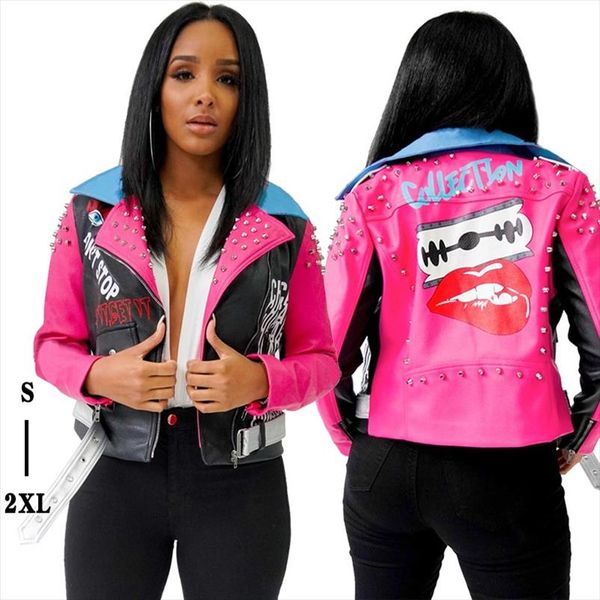 

2020 весна autuman женщин rivet печати отворотом контраст цвет zipper кожа pu модные пальто с длинным рукавом короткая куртка y157, Black