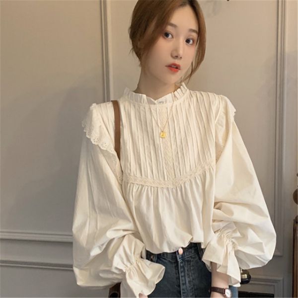 

p of vintage apricot blouse french lantern sleeve shirt 2020 new long sleeve loose chic blouse c81a, White