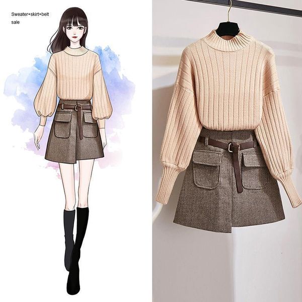 

2020 japan style 3 pieces packed women winter autumn skirt sweater wool fabric woman bottomwear selling kniting wear, Black