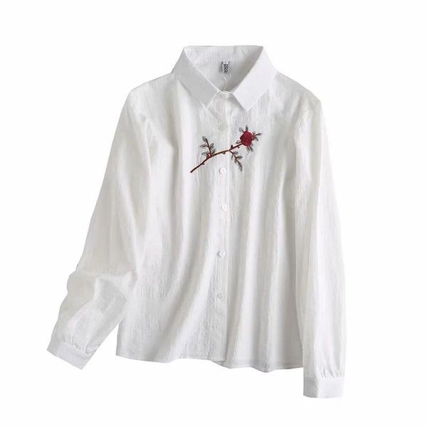 

women's blouses & shirts 2021 women shirt rose embroidery long cuffed sleeves lapel collar elegant designed femme mujer blouse blusas, White