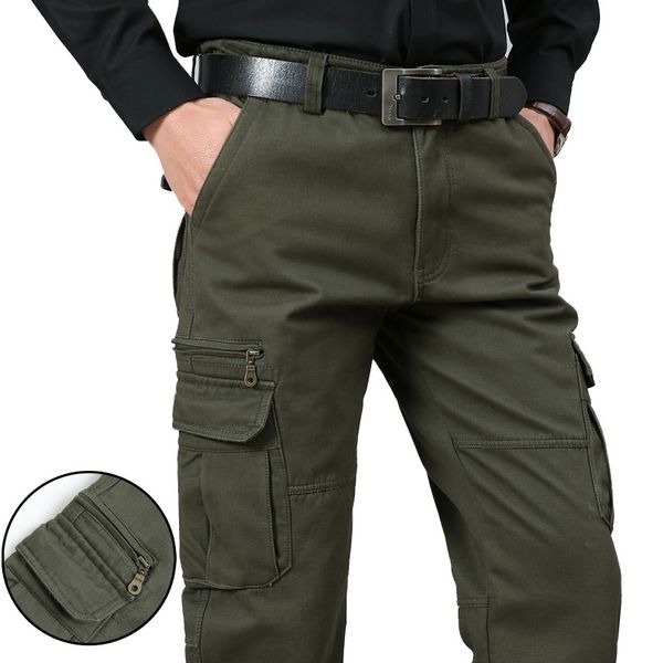 

large size 29-48 men's spring autumn multi-pocket cotton cargo pants man winter fleece zipper overalls casual straight trousers 201126, Black