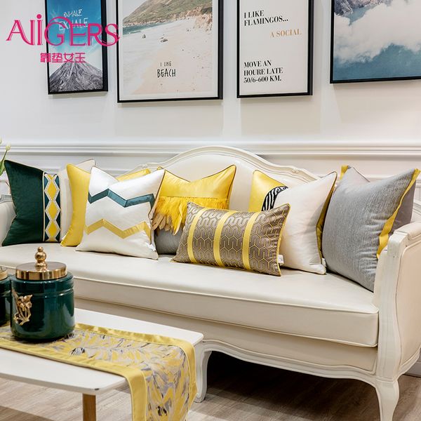 Avígers de luxo cinza branco cinza penas amarelas patchwork almofada listrada cobre casa descanso decorativo casos para sofá sala de estar 201123