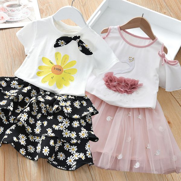 

2020 нью-девушки одежда summer kids swan бретелек футболка + кружевном платье наборы casual summer girls set детская одежда c1021, White