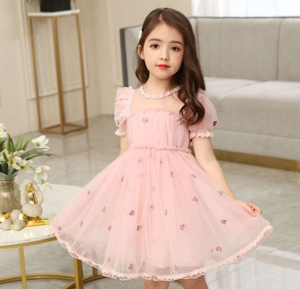 

sle 2020 summer sweet girls' short sve skirt children's embroidery lace printed pearl mh drs, Blue