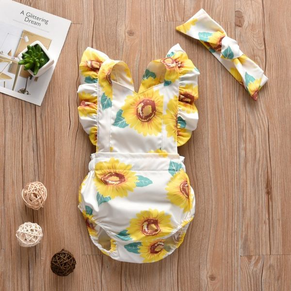 2 pezzi estate neonato abbigliamento neonate pagliaccetto modello girasole increspato floreale senza maniche tuta + fascia 201027